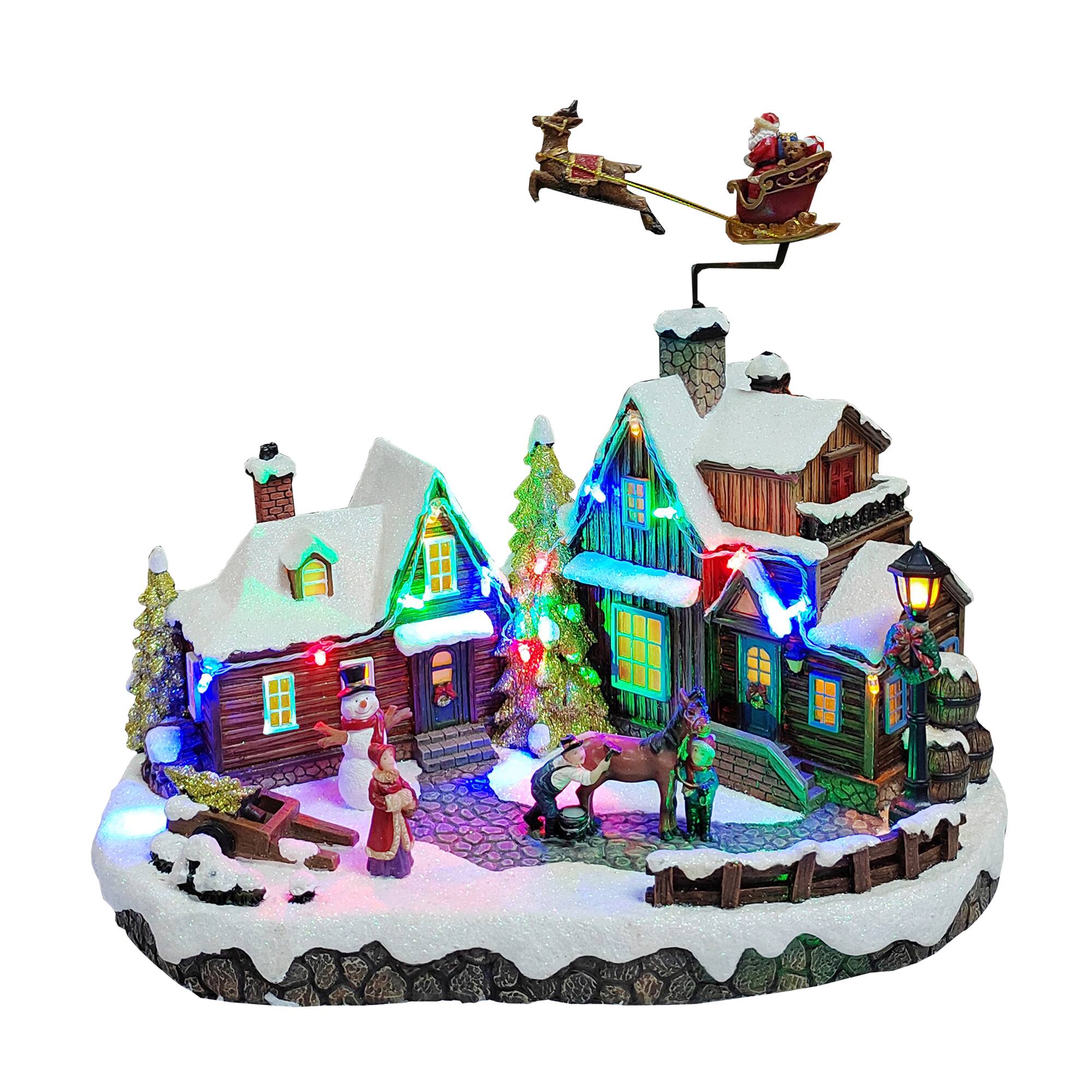 Moments in Time 10.63” Animated Santa with Reindeer Flying Over Homes Décor